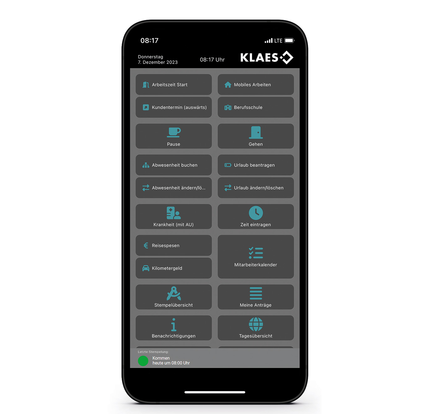 Smartphone auf dem die Zeiterfassungslösung zu sehen ist